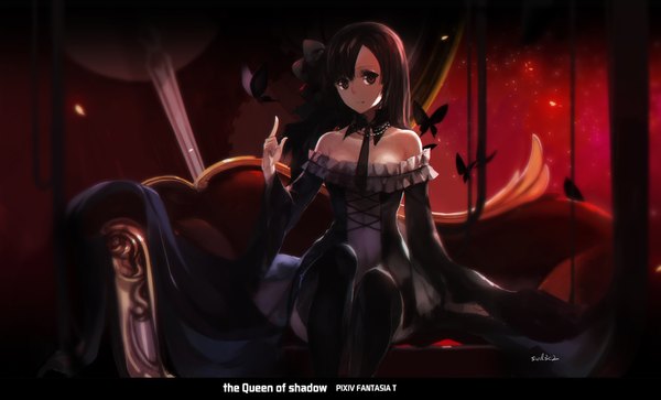 Anime picture 1890x1145 with original pixiv fantasia pixiv fantasia t swd3e2 single long hair looking at viewer highres black hair wide image sitting bare shoulders brown eyes dark background girl thighhighs dress black thighhighs insect butterfly