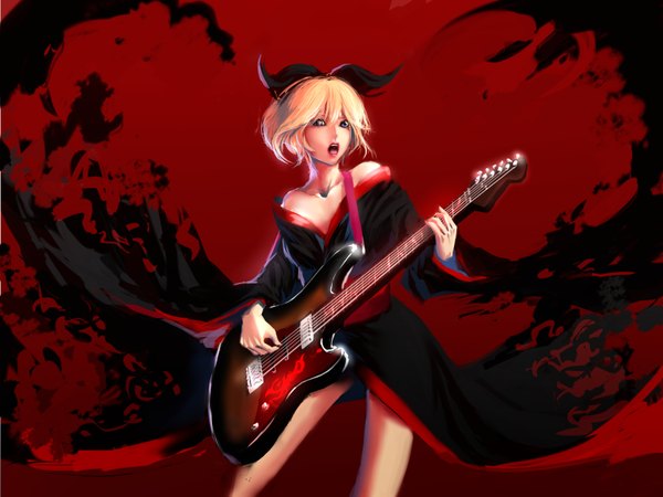 Anime picture 1600x1200 with vocaloid kagamine rin wsxmax single looking at viewer fringe short hair open mouth blonde hair standing bare shoulders holding traditional clothes japanese clothes lips teeth alternate costume red background playing instrument singing