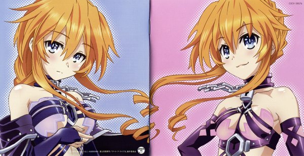 Anime picture 3815x1961 with date a live yamai yuzuru yamai kaguya tagme (artist) long hair looking at viewer blush fringe highres blue eyes light erotic smile wide image bare shoulders multiple girls looking away scan orange hair official art drill hair