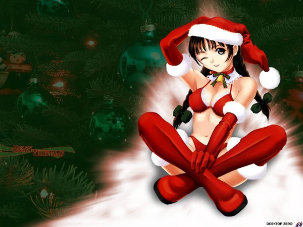 Anime picture 1280x960 with tony taka single long hair light erotic brown hair sitting brown eyes braid (braids) one eye closed twin braids christmas hand on head third-party edit bell collar indian style girl thighhighs gloves swimsuit hat