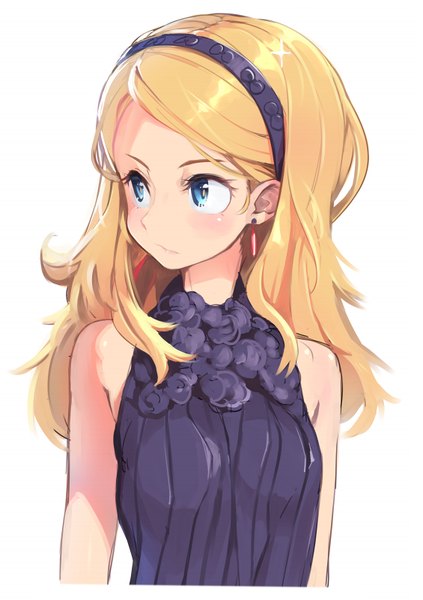 Anime picture 565x800 with original shinbasaki single long hair tall image blush breasts blue eyes simple background blonde hair white background looking away sleeveless eyebrows girl earrings hairband