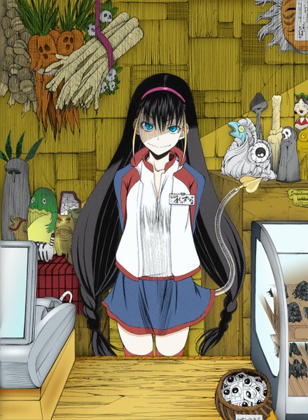 Anime picture 1150x1568 with to aru majutsu no index j.c. staff lessar fuyukawa motoi single tall image looking at viewer fringe blue eyes black hair smile very long hair scan open clothes open jacket open collar girl thighhighs skirt uniform