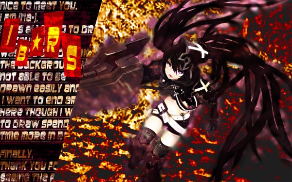 Anime picture 1440x900 with black rock shooter insane black rock shooter long hair black hair wide image twintails purple eyes teeth midriff fang (fangs) text pale skin english thighhighs shorts boots belt armor thigh boots chain