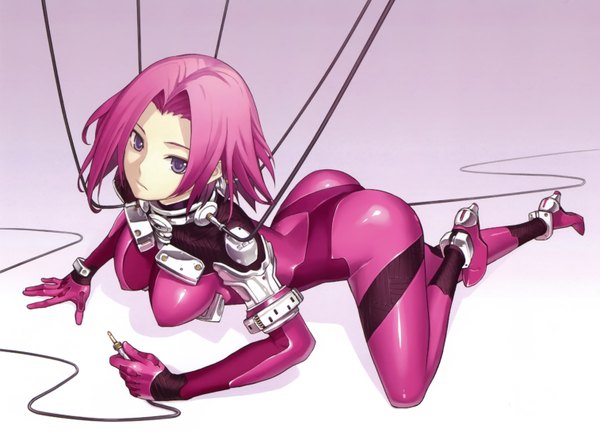 Anime picture 3027x2221 with original nagi ryou single highres short hair breasts light erotic purple eyes pink hair absurdres gradient background on all fours skin tight girl bodysuit cable