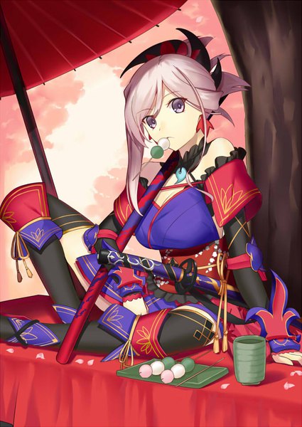 Anime picture 680x961 with fate (series) fate/grand order miyamoto musashi (fate) kauto single tall image looking at viewer fringe short hair breasts light erotic hair between eyes sitting purple eyes bare shoulders holding silver hair bent knee (knees) traditional clothes head tilt