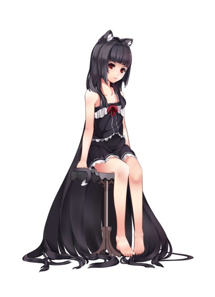 Anime picture 2100x2900 with original chenang11 single tall image highres black hair simple background red eyes white background sitting animal ears tail very long hair animal tail barefoot cat ears bare legs cat girl cat tail girl