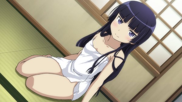 Anime picture 1280x720 with ore no imouto ga konna ni kawaii wake ga nai gokou ruri single long hair blush light erotic black hair wide image sitting purple eyes game cg naked towel girl towel