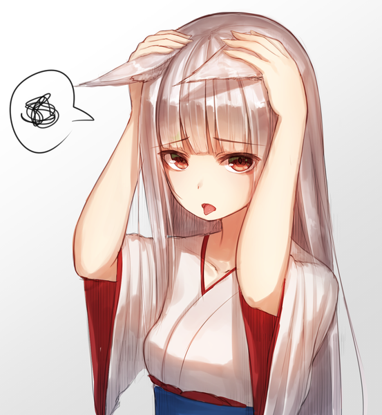 Anime picture 1483x1607 with original munuu single long hair tall image looking at viewer fringe open mouth simple background red eyes animal ears silver hair upper body blunt bangs traditional clothes japanese clothes grey background hands on head girl tongue
