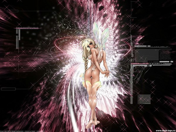 Anime picture 1024x768 with ghost in the shell production i.g light erotic blonde hair bare shoulders green eyes ass braid (braids) looking back back single braid fairy girl wings