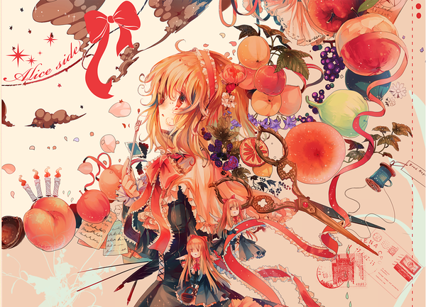 Anime picture 1558x1126 with touhou alice margatroid kirero (pixiv) single short hair blonde hair red eyes detailed girl dress bow ribbon (ribbons) hair bow petals food hairband leaf (leaves) feather (feathers) fruit berry (berries)