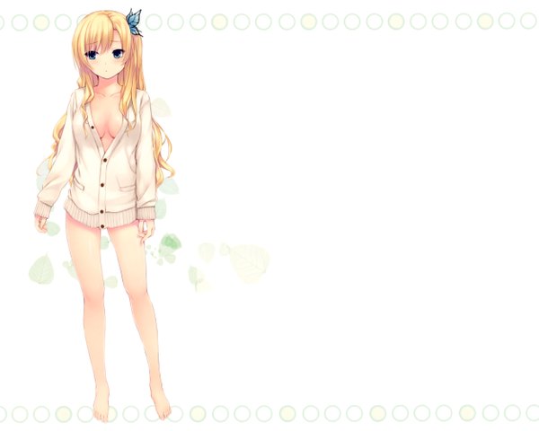 Anime picture 2500x2000 with boku wa tomodachi ga sukunai kashiwazaki sena coffee-kizoku single blush highres breasts blue eyes light erotic simple background blonde hair white background looking away cleavage barefoot open clothes bare legs open shirt naked shirt girl