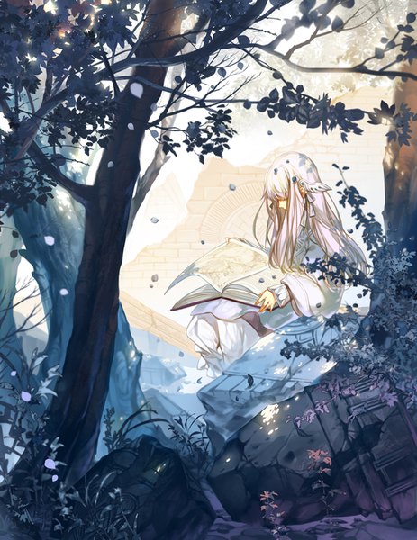 Anime picture 700x906 with original seldam single long hair tall image fringe sitting holding silver hair outdoors long sleeves wide sleeves light ruins reading girl hair ornament plant (plants) tree (trees) book (books)
