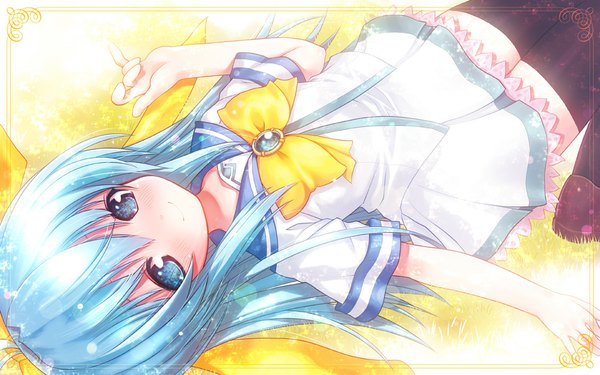 Anime picture 1000x625 with original kiira single long hair blush blue eyes smile wide image blue hair girl thighhighs dress black thighhighs