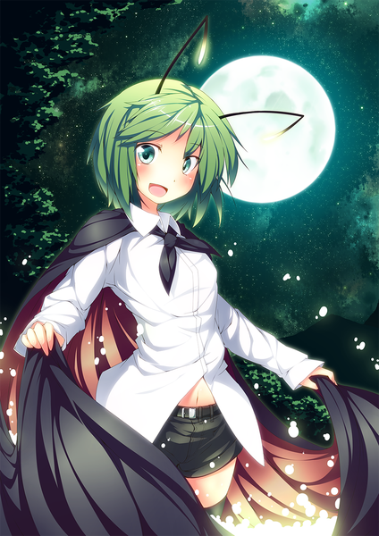 Anime picture 1000x1414 with touhou wriggle nightbug ugume single tall image blush short hair open mouth green eyes green hair night girl shorts moon