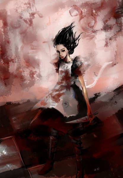 Anime picture 1024x1480 with american mcgee's alice (game) alice: madness returns alice (american mcgee's) heiheideqiu single tall image highres short hair black hair standing from above lips crying checkered floor girl dress pendant blood knee boots knife