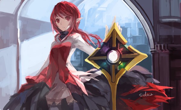 Anime picture 1276x779 with dungeon and fighter swd3e2 single looking at viewer short hair red eyes wide image standing holding signed red hair pointy ears serious girl dress weapon