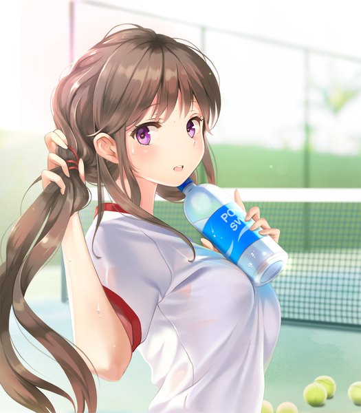 Anime picture 1050x1200 with original pocari sweat miyaza single long hair tall image looking at viewer open mouth light erotic brown hair purple eyes holding ahoge blurry sweat low ponytail sweatdrop holding hair girl uniform