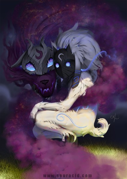 Anime picture 666x942 with league of legends kindred (league of legends) lamb (league of legends) souracid (artist) long hair tall image looking at viewer blue eyes white hair tail no people animal fur mask wolf sheep