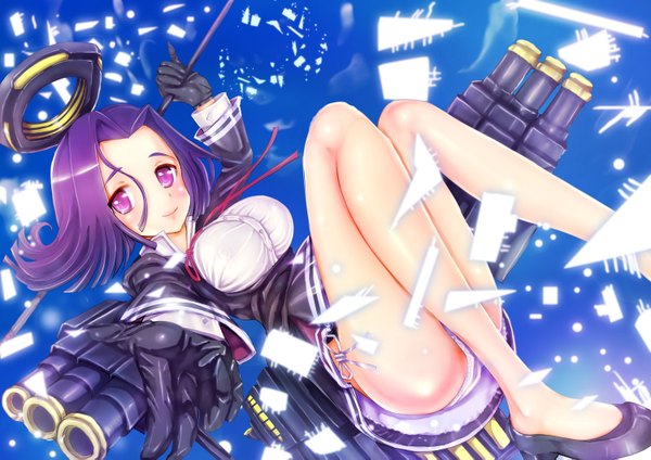 Anime picture 1500x1061 with kantai collection tatsuta light cruiser teruru single looking at viewer blush short hair breasts light erotic smile purple hair pink eyes pantyshot legs girl gloves underwear panties