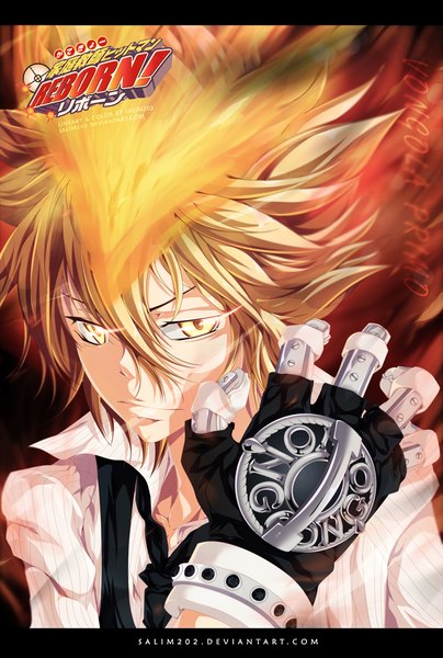 Anime picture 1000x1482 with katekyou hitman reborn vongola primo giotto salim202 single tall image short hair brown hair yellow eyes inscription coloring magic boy gloves shirt necktie fire
