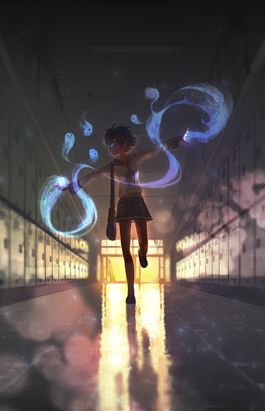 Anime picture 811x1255 with original rtil (artist) single tall image short hair black hair indoors profile pleated skirt sunlight bare belly reflection spread arms ghost glow running girl skirt uniform school uniform