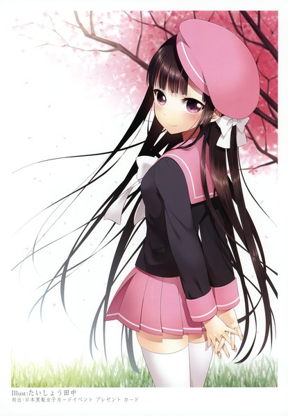 Anime picture 2406x3475 with original taishow tanaka single long hair tall image blush highres black hair pink eyes scan cherry blossoms border interlocked fingers girl thighhighs skirt uniform plant (plants) white thighhighs tree (trees)