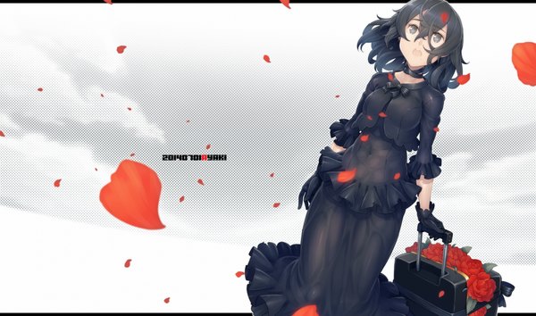 Anime picture 3000x1771 with original ayaki (artist) single highres short hair open mouth black hair wide image grey eyes girl dress gloves flower (flowers) petals choker black gloves frills suitcase