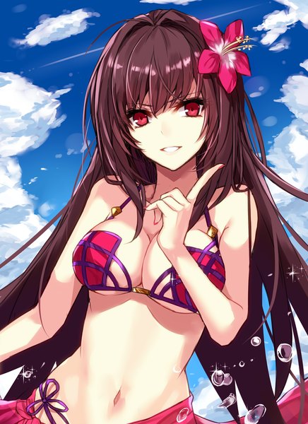 Anime picture 873x1200 with fate (series) fate/grand order scathach (fate) (all) scathach (swimsuit assassin) (fate) aosaki yukina single long hair tall image looking at viewer fringe breasts open mouth light erotic smile hair between eyes red eyes large breasts sky purple hair cloud (clouds)