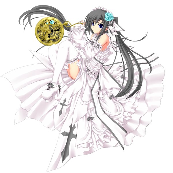 Anime picture 1500x1500 with original shouyan single long hair looking at viewer blue eyes black hair simple background white background twintails hair flower girl thighhighs dress hair ornament flower (flowers) detached sleeves white thighhighs shoes frills