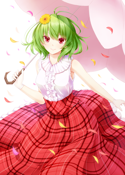 Anime picture 1000x1399 with touhou kazami yuuka dabadhi single tall image looking at viewer short hair simple background red eyes white background hair flower green hair plaid skirt girl skirt hair ornament petals umbrella long skirt