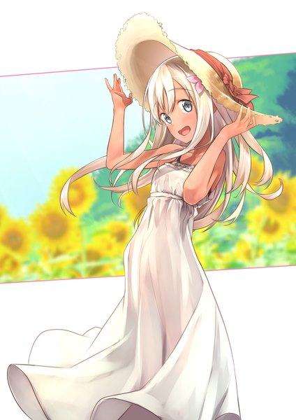 Anime picture 2893x4092 with kantai collection ro-500 submarine baffu single long hair tall image looking at viewer blush fringe highres open mouth blue eyes blonde hair hair between eyes bare shoulders :d wind dark skin summer adjusting hat