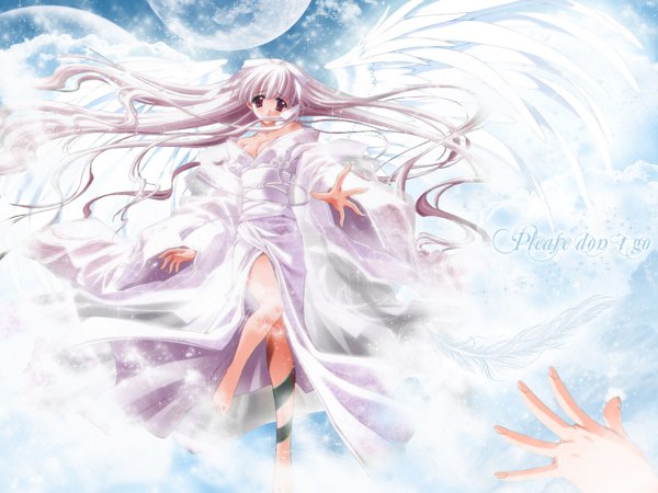 Anime picture 1280x960 with touka gettan carnelian long hair japanese clothes bare legs soft beauty dress wings kimono moon