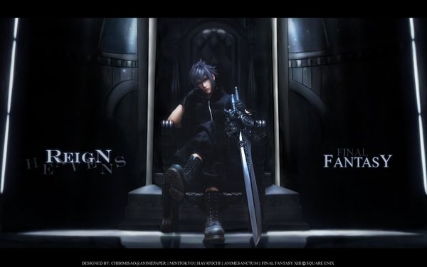 Anime picture 1440x900 with final fantasy final fantasy xiii final fantasy versus xiii square enix noctis lucis caelum chibimisao single short hair wide image sitting signed purple hair realistic head rest boy gloves weapon sword boots throne