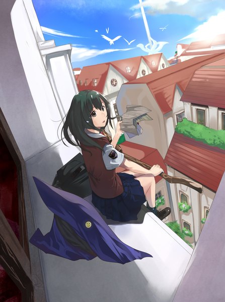 Anime picture 1400x1880 with original kagematsuri long hair tall image open mouth black hair sitting cloud (clouds) black eyes witch girl uniform school uniform animal bird (birds) building (buildings) witch hat broom house