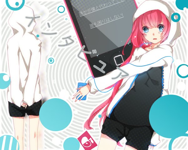 Anime picture 1000x800 with vocaloid interviewer (vocaloid) megurine luka hiiro (artist) long hair looking at viewer open mouth blue eyes pink hair tears hands behind back dual persona girl shorts hoodie iphone