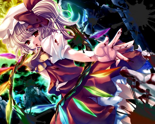 Anime picture 1000x800 with touhou flandre scarlet ichio single short hair blonde hair red eyes finger to mouth :p girl dress skirt bow wings blood bonnet skirt set crystal