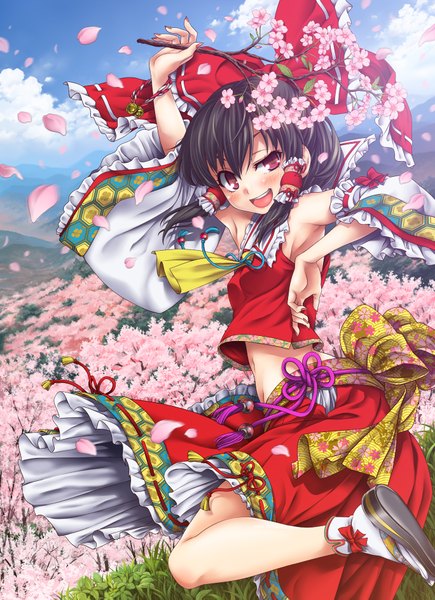 Anime picture 1368x1885 with touhou hakurei reimu uousa long hair tall image blush open mouth black hair red eyes cherry blossoms miko girl skirt bow hair bow detached sleeves petals skirt set branch