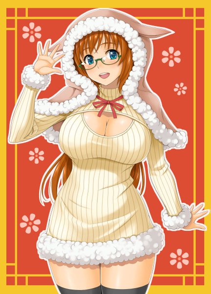 Anime picture 863x1200 with original hida tatsuo single long hair tall image blush breasts open mouth blue eyes smile large breasts cleavage orange hair girl thighhighs dress black thighhighs glasses hood turtleneck