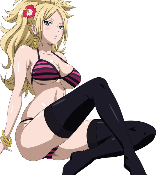 Anime picture 3798x4252 with fairy tail jenny realight single long hair tall image blush highres breasts blue eyes light erotic blonde hair absurdres hair flower transparent background girl thighhighs hair ornament black thighhighs swimsuit bikini