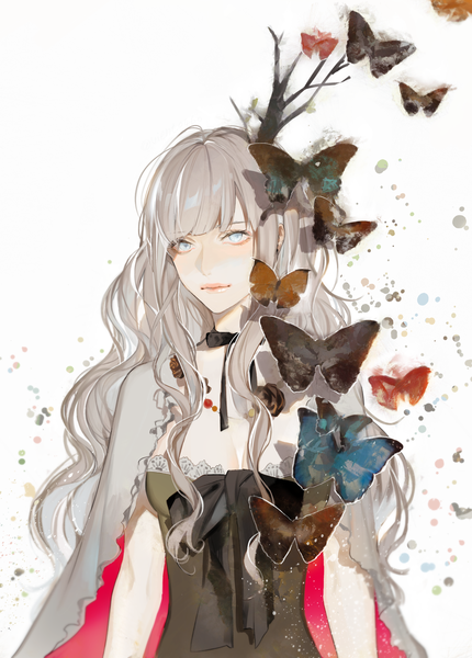 Anime picture 1447x2017 with original vient single long hair tall image looking at viewer fringe blue eyes simple background white background cleavage upper body blunt bangs grey hair wavy hair girl insect butterfly branch