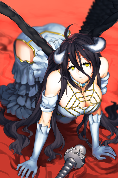 Anime picture 2000x3000 with overlord (maruyama) madhouse albedo (overlord) single long hair tall image looking at viewer highres light erotic black hair yellow eyes cleavage horn (horns) girl dress gloves wings white gloves