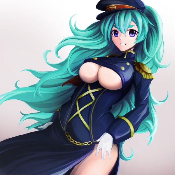 Anime picture 1000x1000 with sengoku collection yoshimoto imagawa (sengoku collection) nemunemu (bluelight5) single long hair looking at viewer breasts light erotic simple background smile large breasts purple eyes blue hair girl gloves uniform flat cap