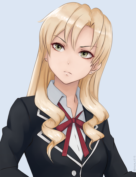 Anime picture 1200x1560 with yahari ore no seishun love comedy wa machigatteiru. brains base (studio) yumiko miura miura-n315 single long hair tall image blonde hair simple background brown eyes looking away portrait blue background girl uniform school uniform