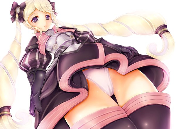 Anime picture 1200x881 with fire emblem fire emblem fates nintendo elise (fire emblem if) teruru single long hair looking at viewer blush light erotic simple background blonde hair white background purple eyes twintails from below cameltoe girl underwear panties