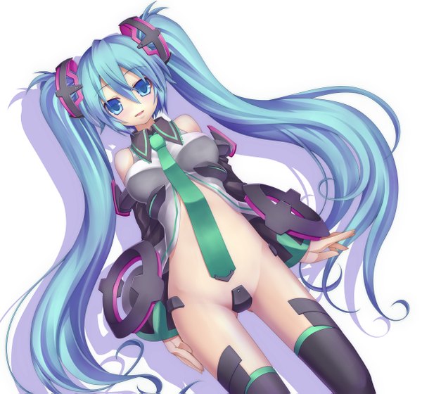 Anime picture 1206x1127 with vocaloid hatsune miku yosugara shou single blue eyes light erotic simple background white background twintails very long hair aqua hair girl thighhighs detached sleeves necktie