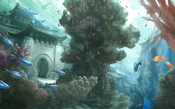 Anime picture 1024x640 with wide image sky cloud (clouds) underwater landscape water building (buildings) fish (fishes) coral cb