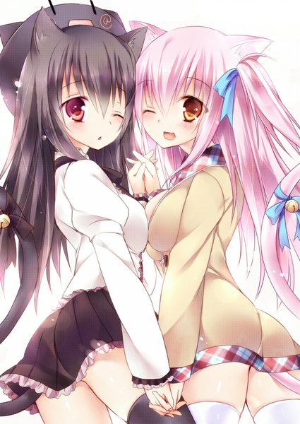 Anime picture 751x1061 with original shia flatpaddy mia flatpaddy sorai shin'ya long hair tall image open mouth light erotic black hair red eyes multiple girls animal ears pink hair tail animal tail one eye closed wink cat ears cat girl cat tail