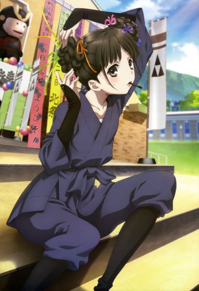 Anime picture 4091x5947 with rdg red data girl p.a. works nyantype suzuhara izumiko single tall image blush highres black hair sitting absurdres traditional clothes black eyes official art alternate hairstyle hair up girl ribbon (ribbons) hair ribbon