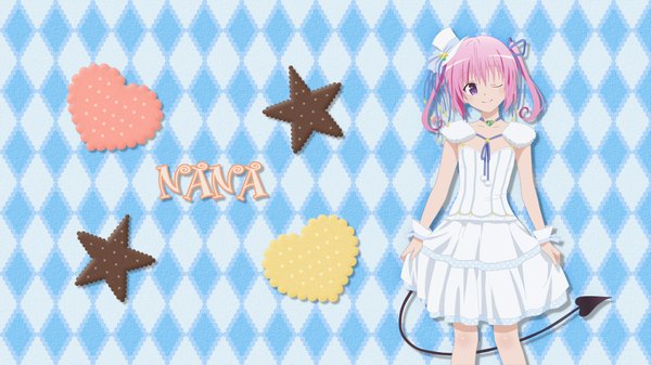 Anime picture 1920x1080 with toloveru toloveru darkness xebec nana asta deviluke single highres short hair wide image purple eyes twintails pink hair tail one eye closed wink short twintails girl dress hat