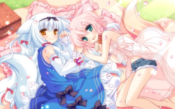 Anime picture 1920x1200 with wanko to lily wanko lily (w&l) inugahora an long hair blush highres short hair open mouth blue eyes wide image multiple girls animal ears blue hair pink hair lying animal tail orange eyes loli girl